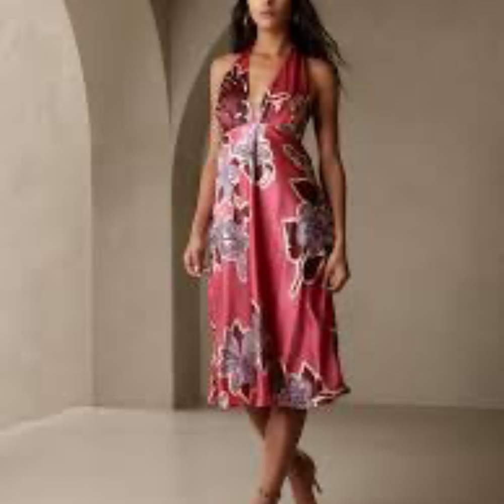 NWT Banana Republic 100% Celestial Silk Halter Dress in Pink Floral 10